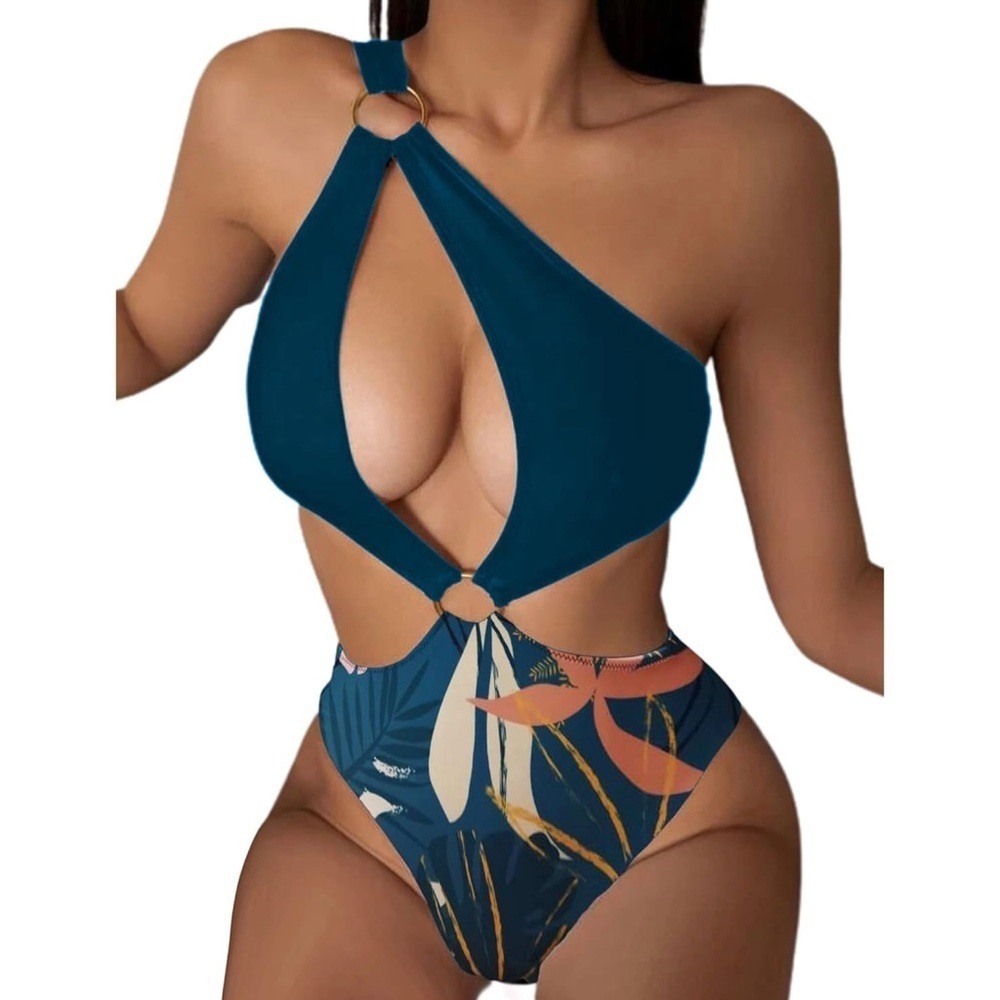 Hilinker O-Ring Cutout Halter One Piece Swimsuit High Cut Bathing Suit Size M